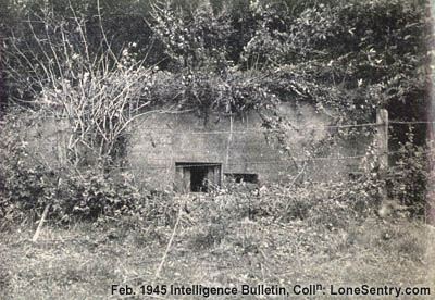 [A well-concealed German pillbox showing center embrasure with vision slit at right.]