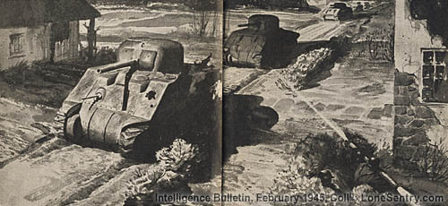 [A German two-man bazooka team firing on U.S. tanks.]