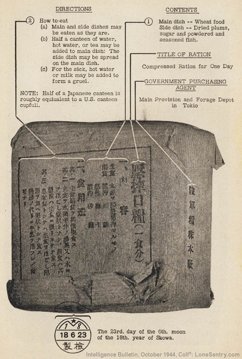 [Standard labeling system used on the Compressed Emergency Ration package. Note location of title of ration and date stamp.]
