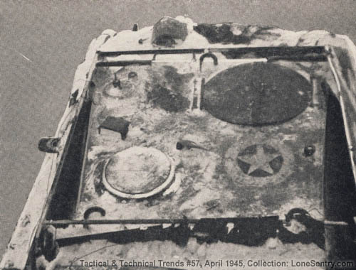 [Top view of Panther tank disguised as U.S. M10 gun carriage, showing hatch covers used in place of cupola.]