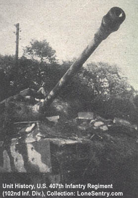 [German Panther tank captured or destroyed by U.S. 407th Infantry Regiment, probably near Fallersleben.]