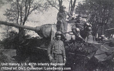 [German Panther tank captured or destroyed by U.S. 407th Infantry Regiment, probably near Fallersleben.]