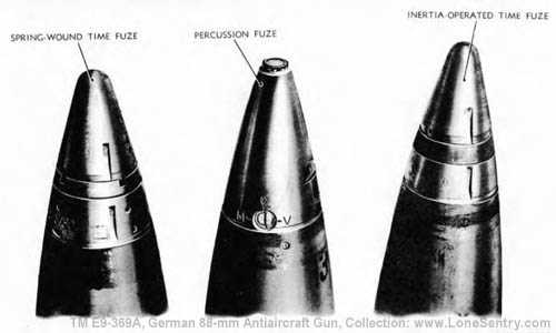 [Figure 74. Spring-wound Time, Percussion, and Inertia-operated Time Fuzes for German 88-mm High-explosive Shell — View Showing Setter Grooves and Selector Element]