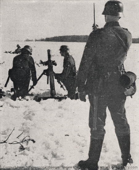[Figure 57. Laying 8-cm heavy mortar for direction during training.]