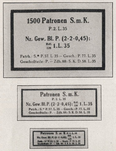[Figure 97. Labels for steel-core, armor-piercing ammunition (Patronen S. m. K., Patronen Spitzgeschoss mit Stahikern). (The labels are white with black printing; S. m. K. is printed in red. The different sizes of the same label are used on different sizes of packing boxes.)]