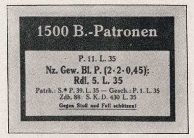 [Figure 98. Label for 1,500 rounds of observation (explosive) bullets (B.-Patronen, Beobachtungsgeschoss Patronen). (This label is white with black printing. The underlined printing is a caution: Protect against shock and dropping!)]