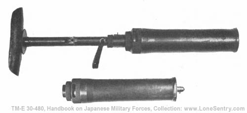 [Figure 184. Model 10 (1921) 50-mm grenade discharger (at bottom is the discharger prepared for carrying).]