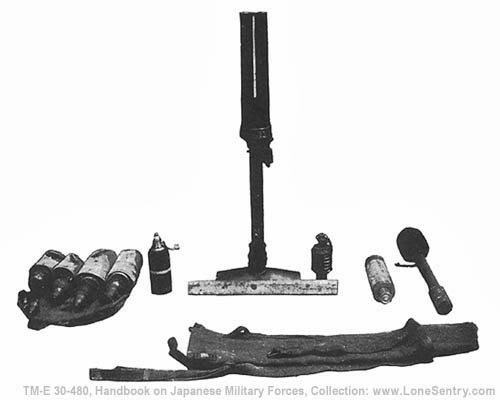 [Figure 185. Model 89 (1929) 50-mm grenade discharger with various types of ammunition and equipment.]