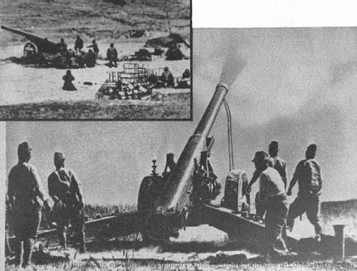 [Figure 225. Two views of Model 89 (1929) 150-mm gun in action.]