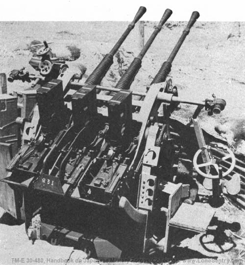 [Figure 232. Rear view of model 96 (1936) type 2, 25-mm AA/AT automatic cannon, triple mount.]