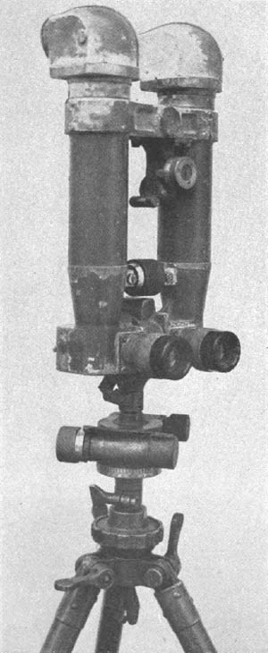 [Figure 298. The model 93 battery commanders telescope permits measurement of angle of site from -300 to +300 mils, as well as measurement of azimuth. An unusual feature is that the telescopes cannot be placed in a horizontal plane for better stereoscopic vision. It has an 8 X magnification and a 6° field of view.]