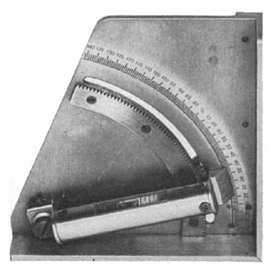 [Figure 305. This gunners quadrant is calibrated in units of 10 mils, extending from 0 to 1,410 mils (79°). A vernier scale enables adjustment to the nearest mil. It is considered possible that this quadrant has been designed primarily for use with the model 41 (1908) 75-mm infantry gun.]