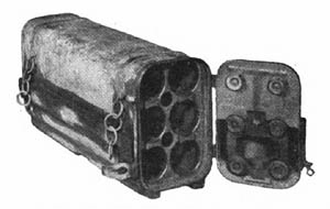 [Figure 335. Standard ammunition chest for 75-mm infantry (mountain) gun. The chest, made of steel plate, carries 6 rounds. It weighs 29 pounds empty and 118 pounds with ammunition. Two chests can be carried on one pack saddle.]